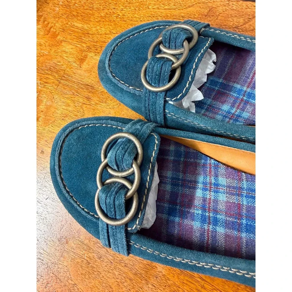 Mossimo Supply Co Teal Blue Suede Loafers Ring Detail Plaid Lining Womens 10